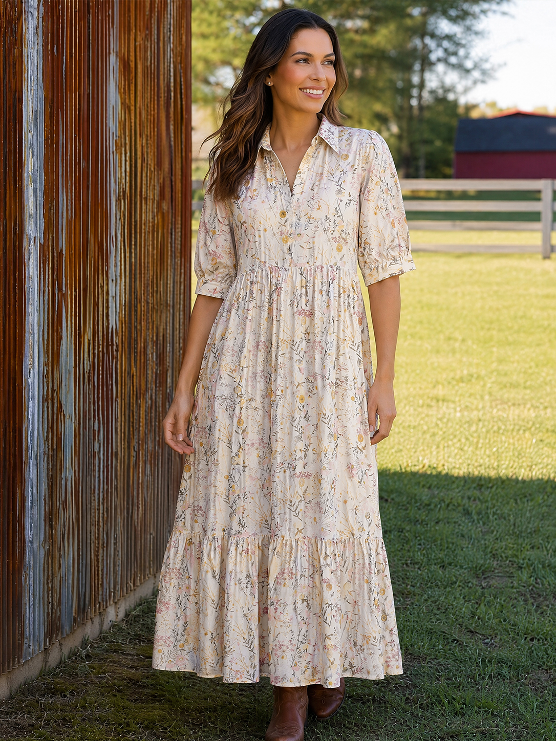 Yellow Wildflower Meadow Print Elbow-Length Sleeve Women Maxi Dress With Pockets
