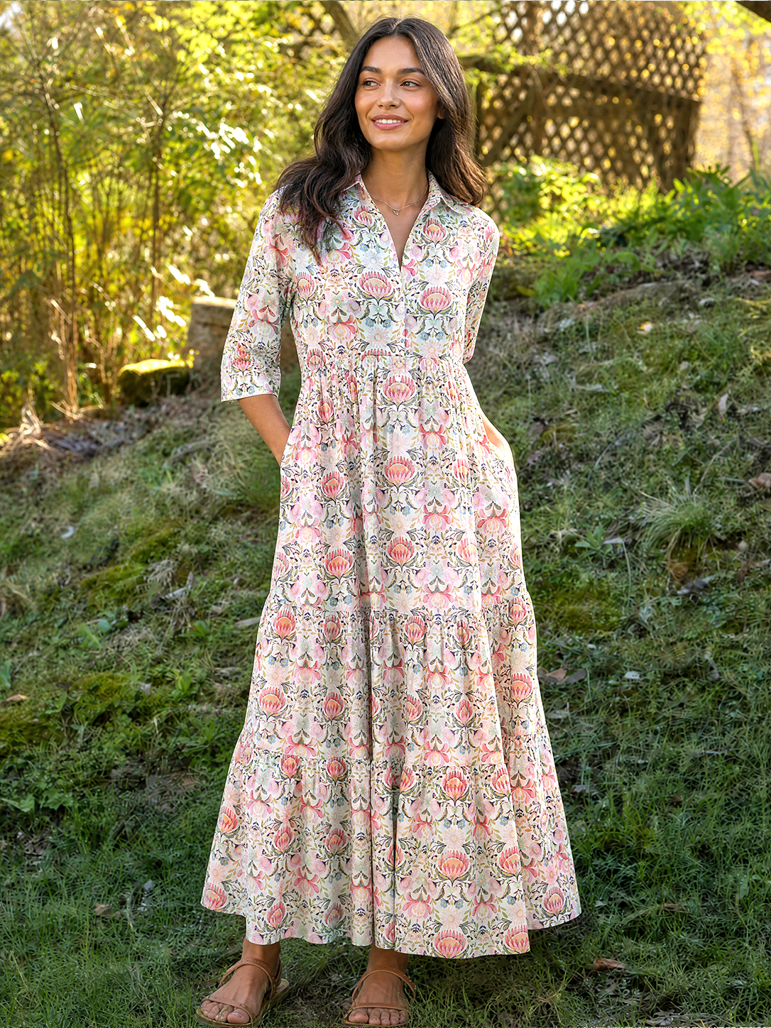 Pink Floral Lantern Motif Elbow-Length Sleeve Women Maxi Dress With Pockets