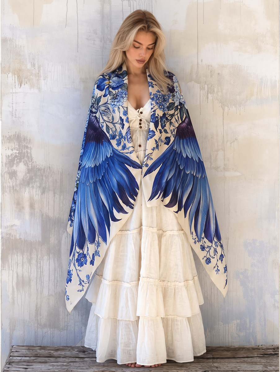 Romantic Blue Floral Wing Shawl