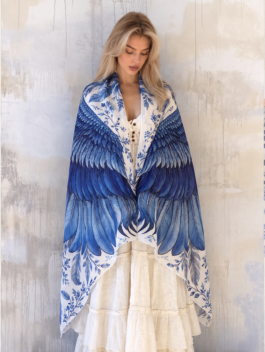 Vintage Blue Floral Feather Wing Shawl