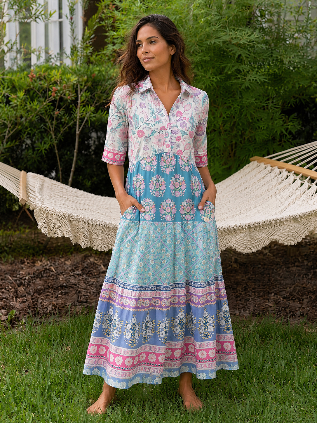Pink Rose and Geometric Border Elbow-Length Sleeve Women Maxi Dress With Pockets