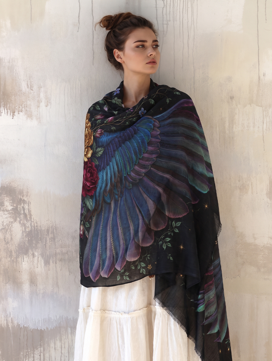 Gothic Floral Blue Feather Wings Shawl