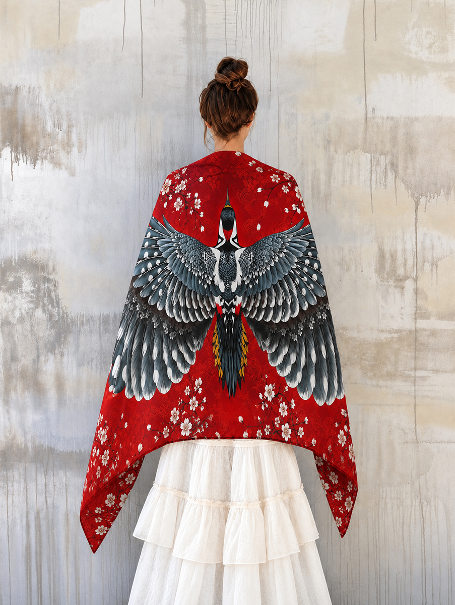 Red Blossom Feathered Bird Shawl