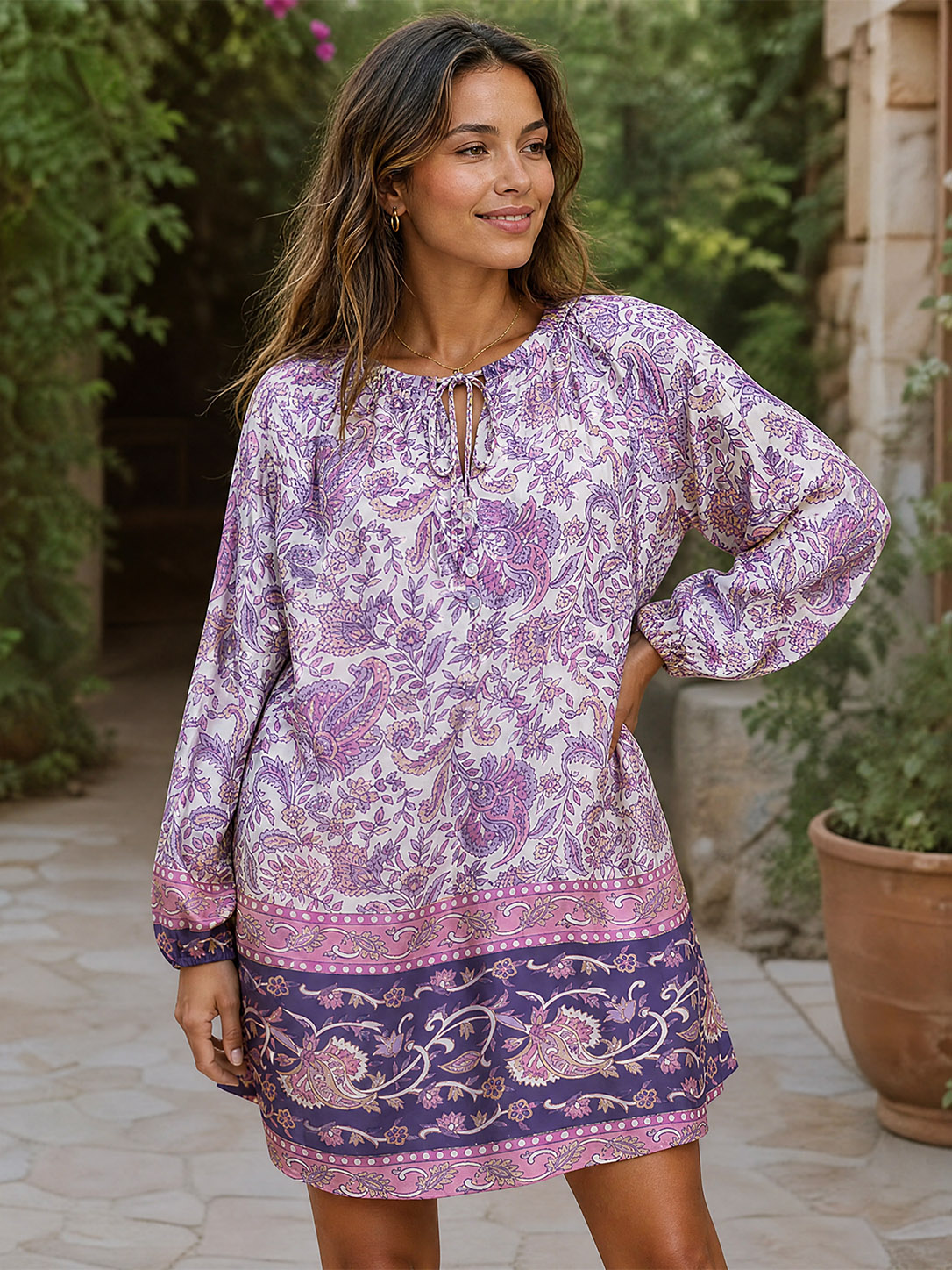 Violet Paisley Garden Long Sleeve Mini Dress For Women