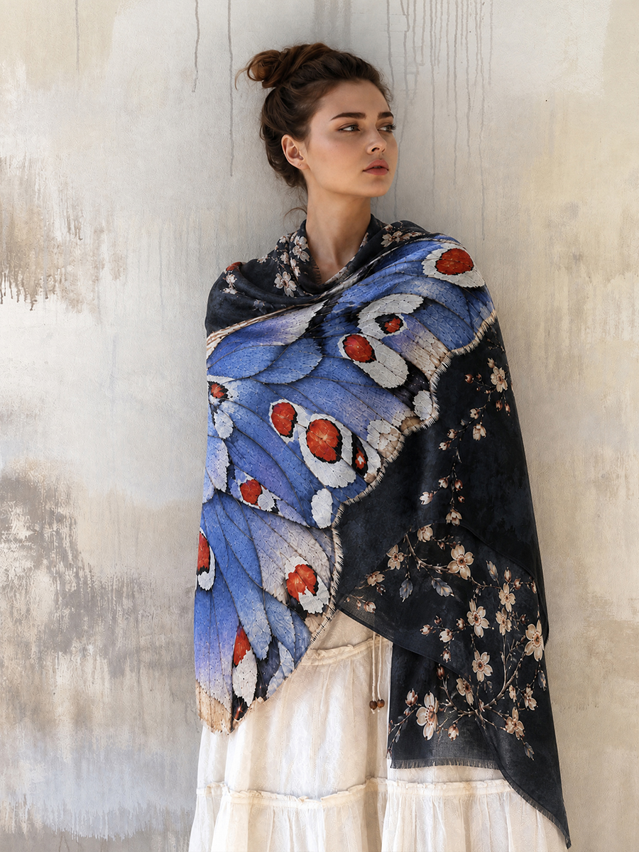 Moonlit Azure Butterfly Garden Shawl