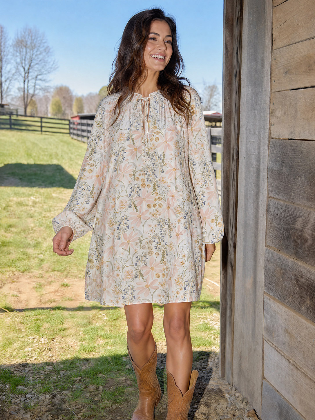 Soft Meadow Blossom Tie‑Neck Mini Dress