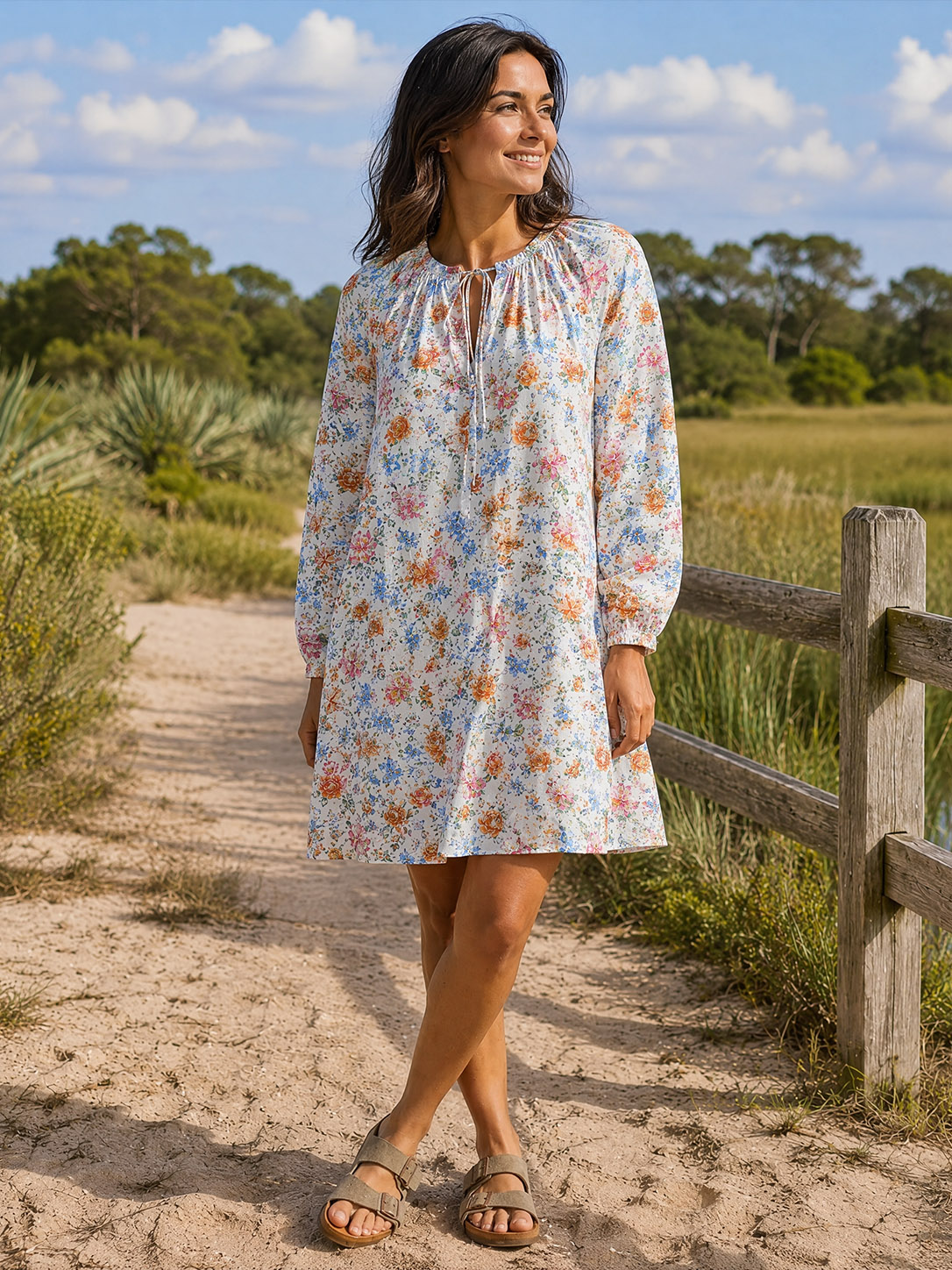 Wildflower Cottage Garden Tie‑Neck Mini Dress