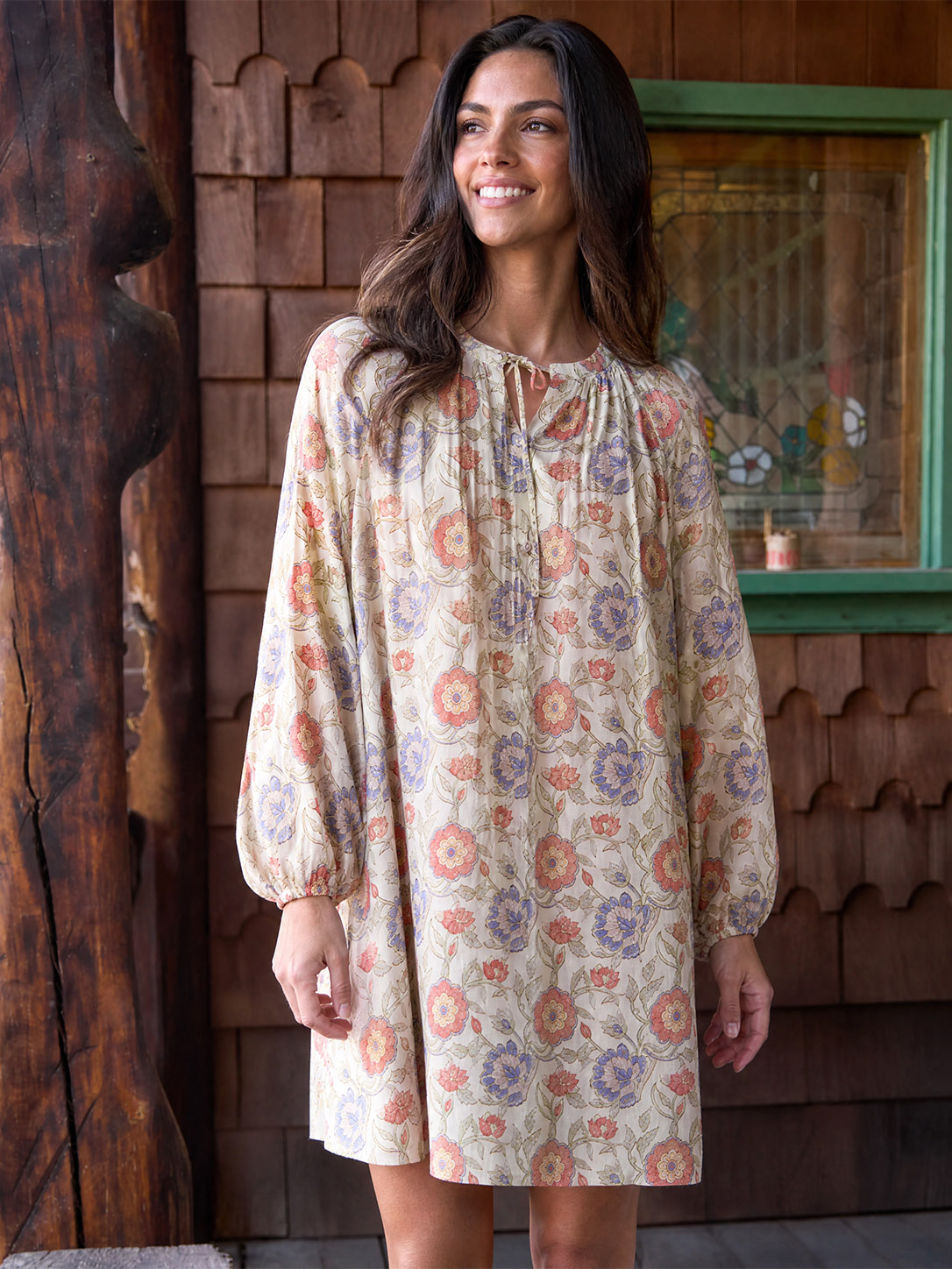 Coral Garden Floral Tie‑Neck Long Sleeve Mini Dress