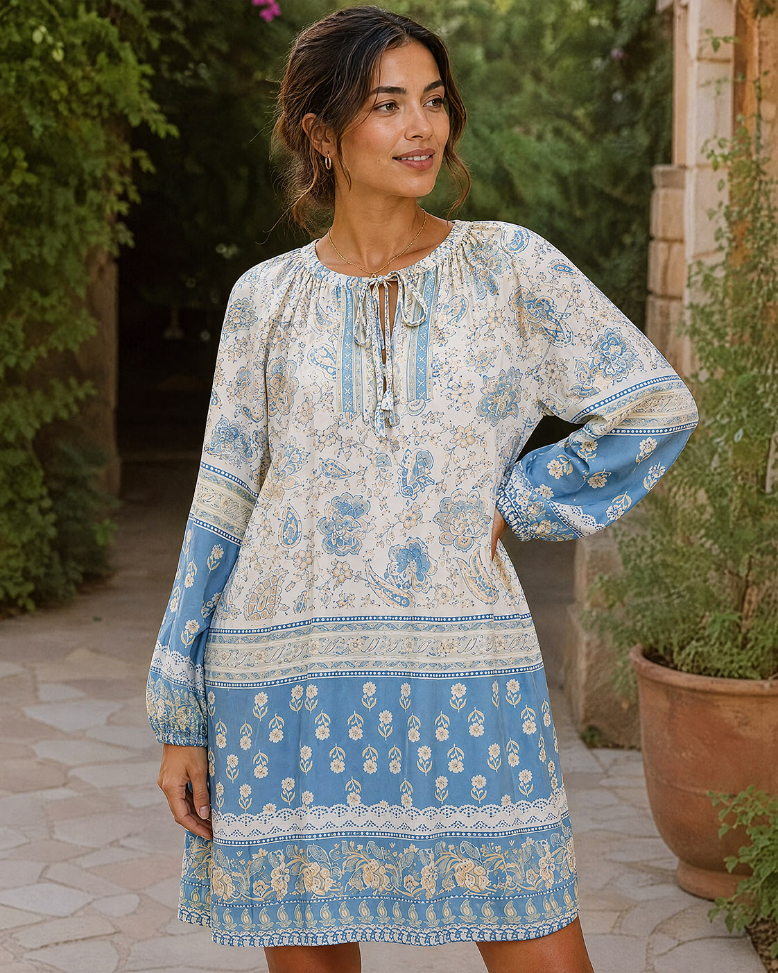 Blue Vintage Floral Border Tie‑Neck Long Sleeve Mini Dress