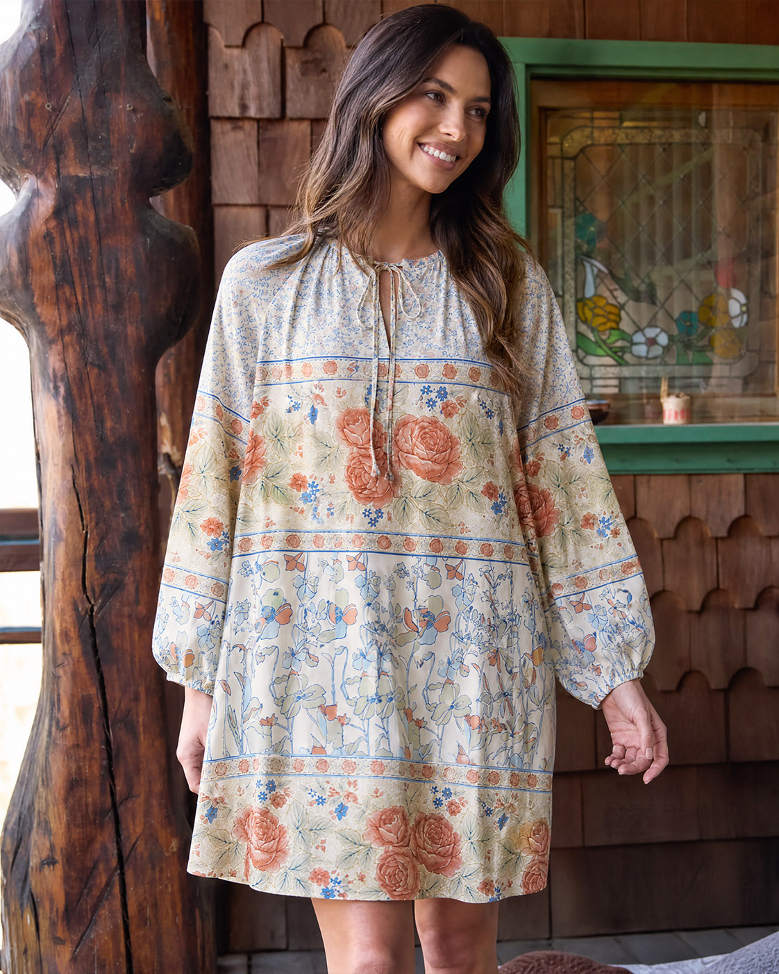 Wildflower & Rose Garden Print Tie‑Neck Long Sleeve Mini Dress