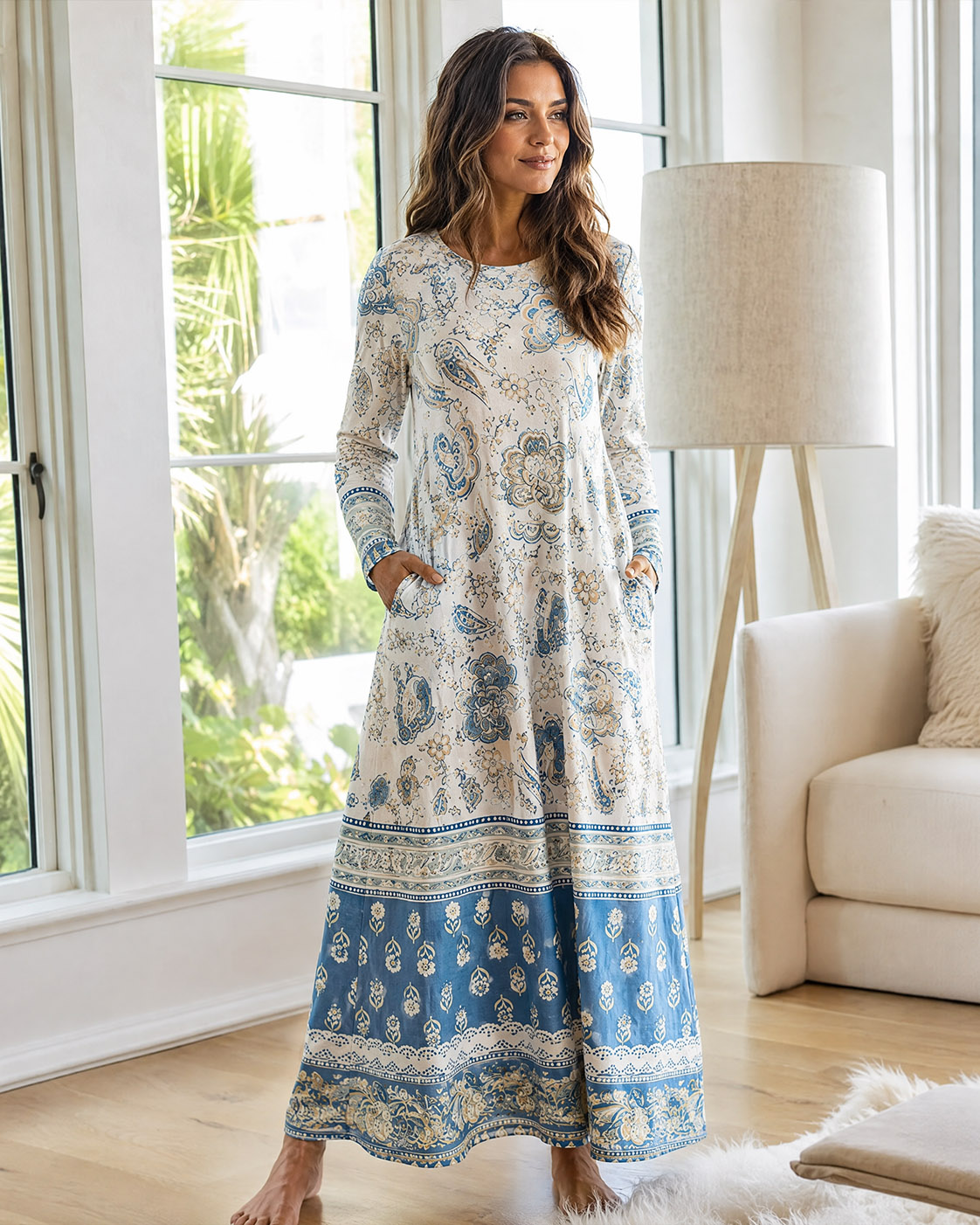 Blue Vintage Floral Border Soft-Touch Stretch Knit Long Sleeve Maxi Dress with Pockets