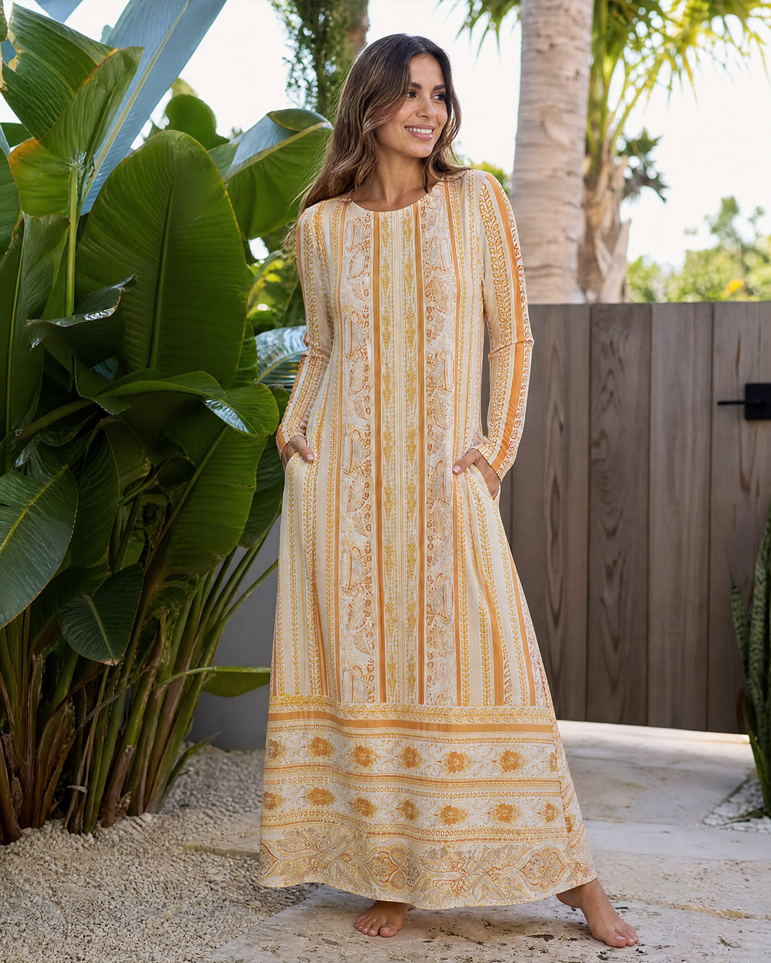 Orange Ethnic Inspired Botanical Stripe Long Sleeve Maxi Dress with Pockets