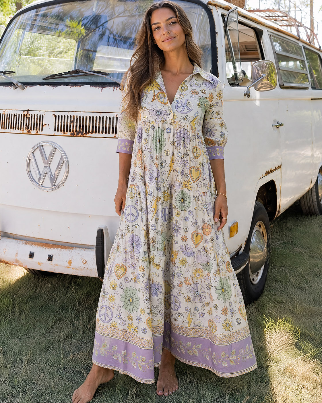 Groovy Retro Floral Symbol Elbow-Length Sleeve Midi Dress