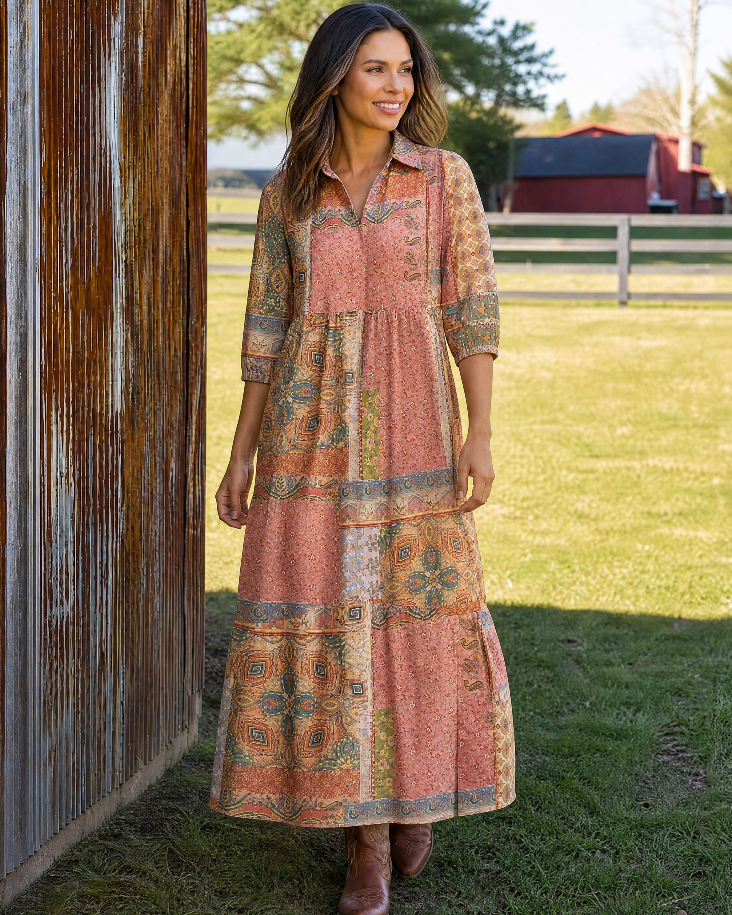 Vintage Ethnic Inspired Patchwork Elbow-Length Sleeve Midi Dress