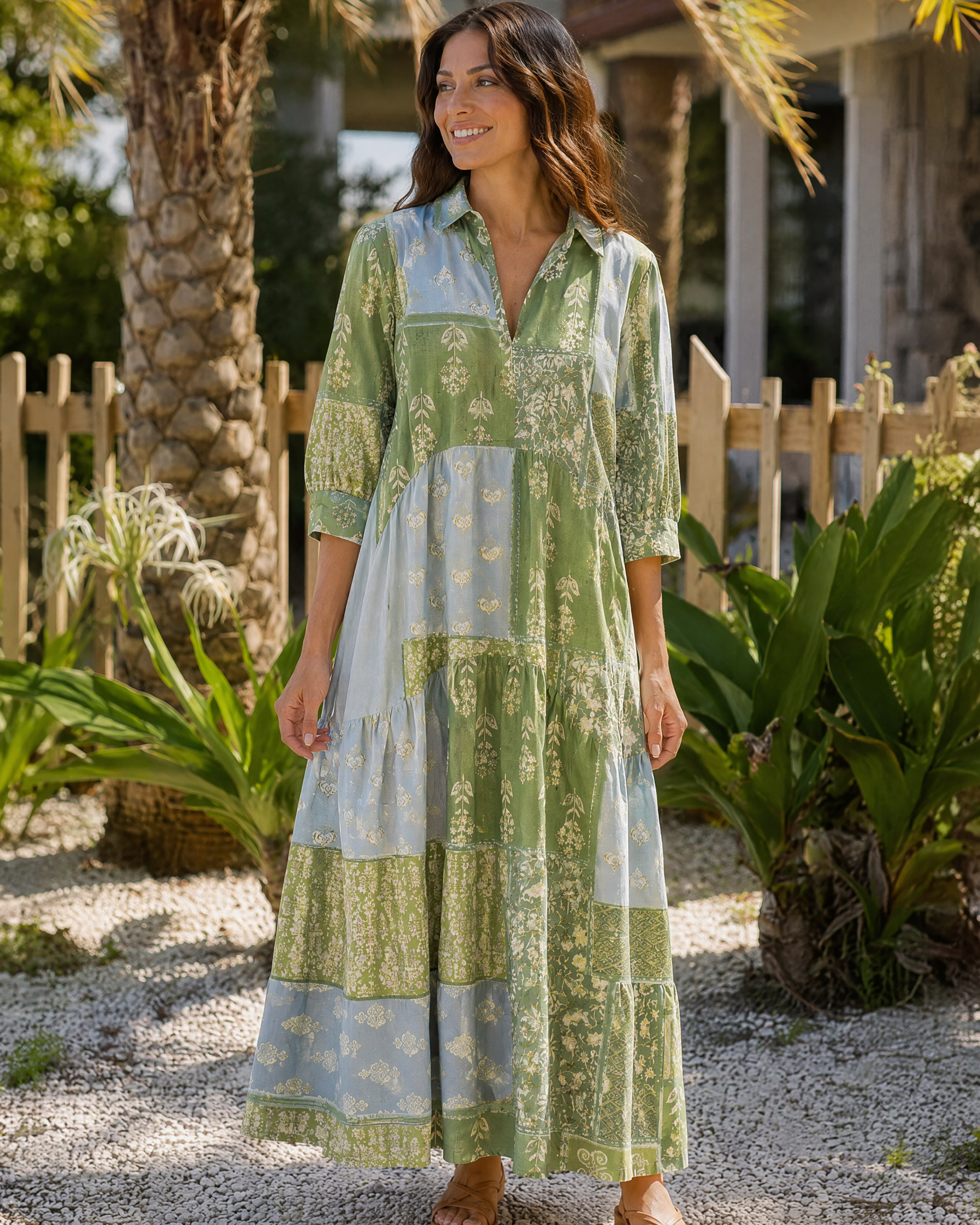 Botanical Geometric Patchwork Elbow-Length Sleeve Womens Midi Dress