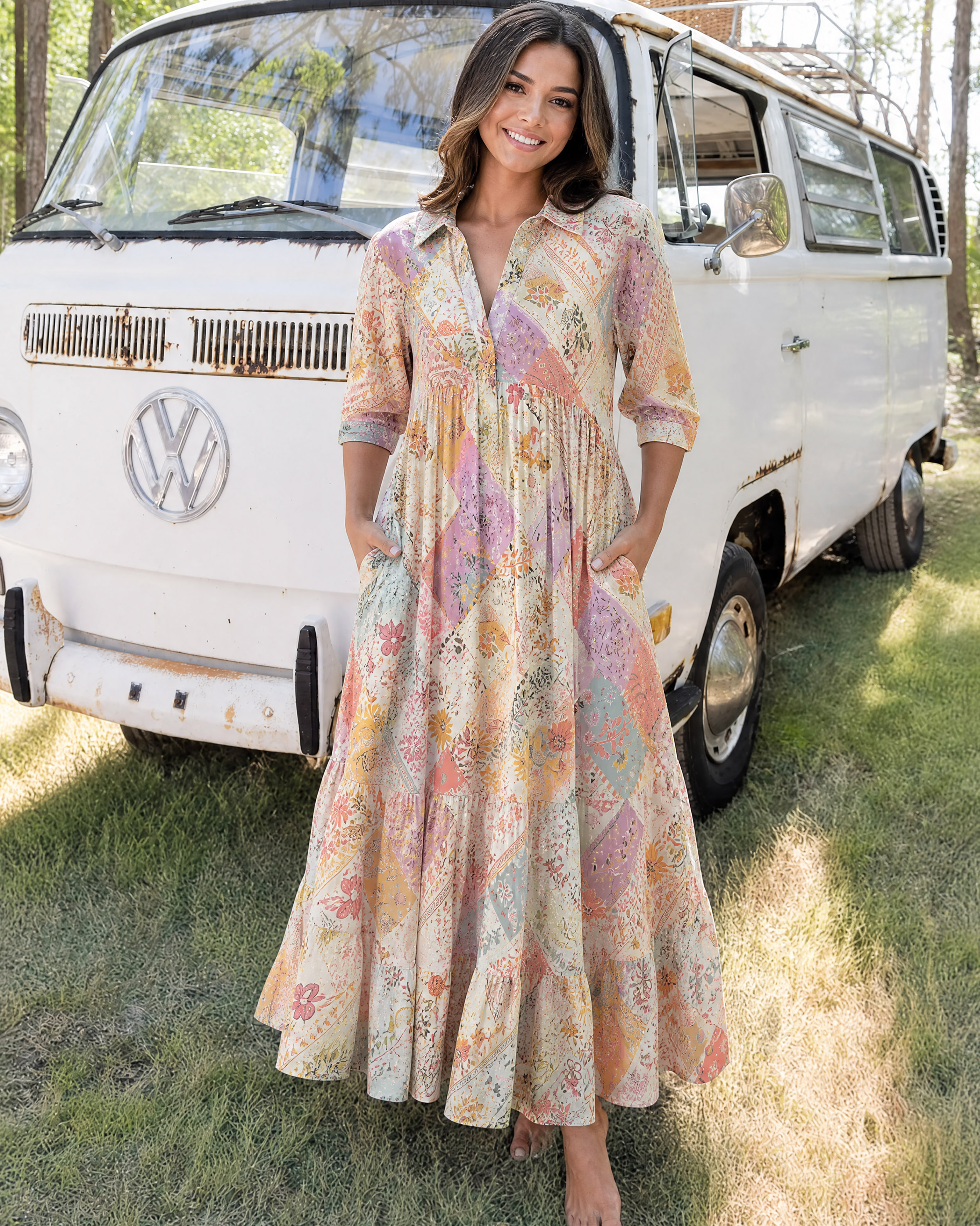 Soft Boho Floral Patchwork Elbow-Length Sleeve Midi Dress