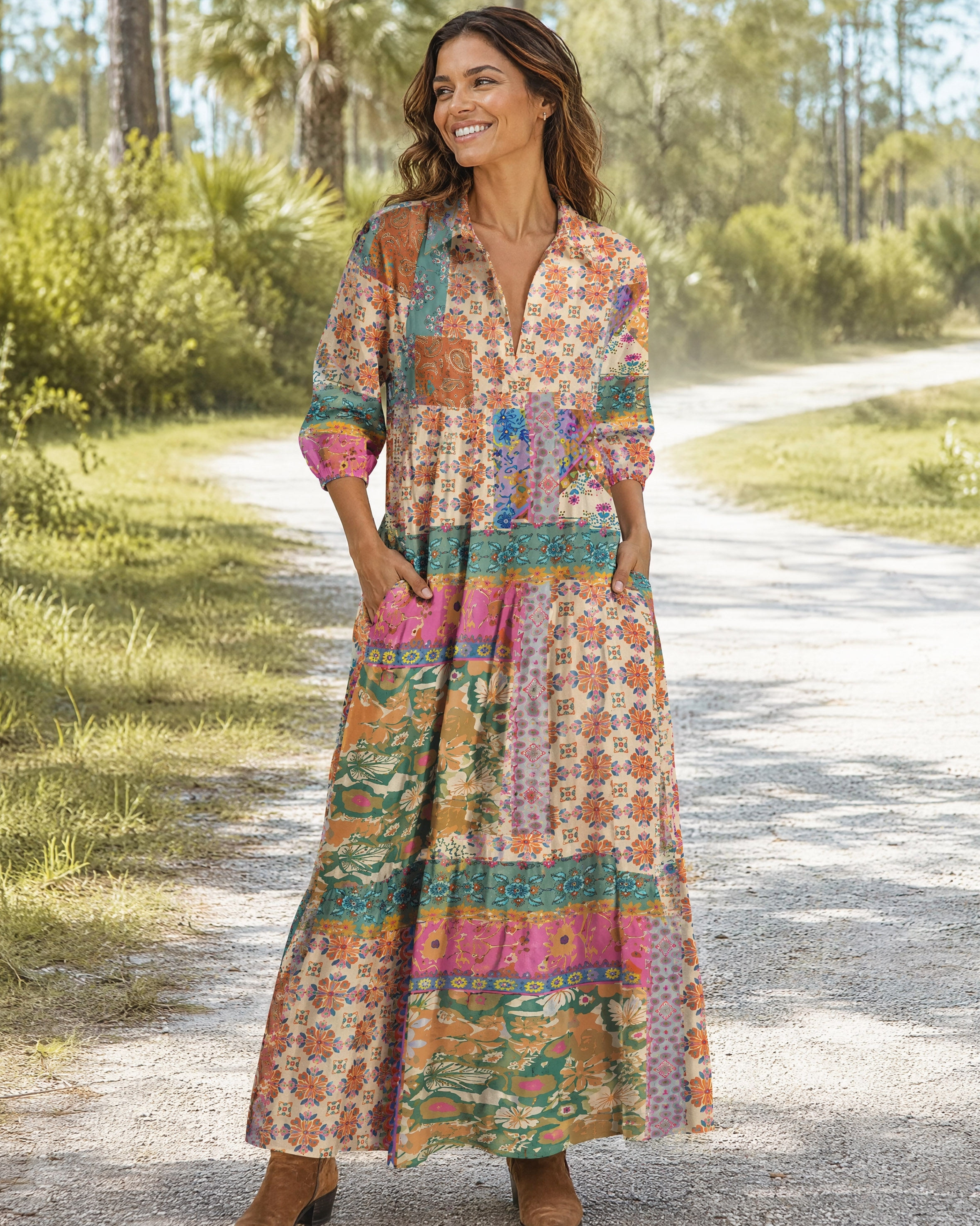Boho Inspired Floral Patchwork Elbow-Length Sleeve Midi Dress