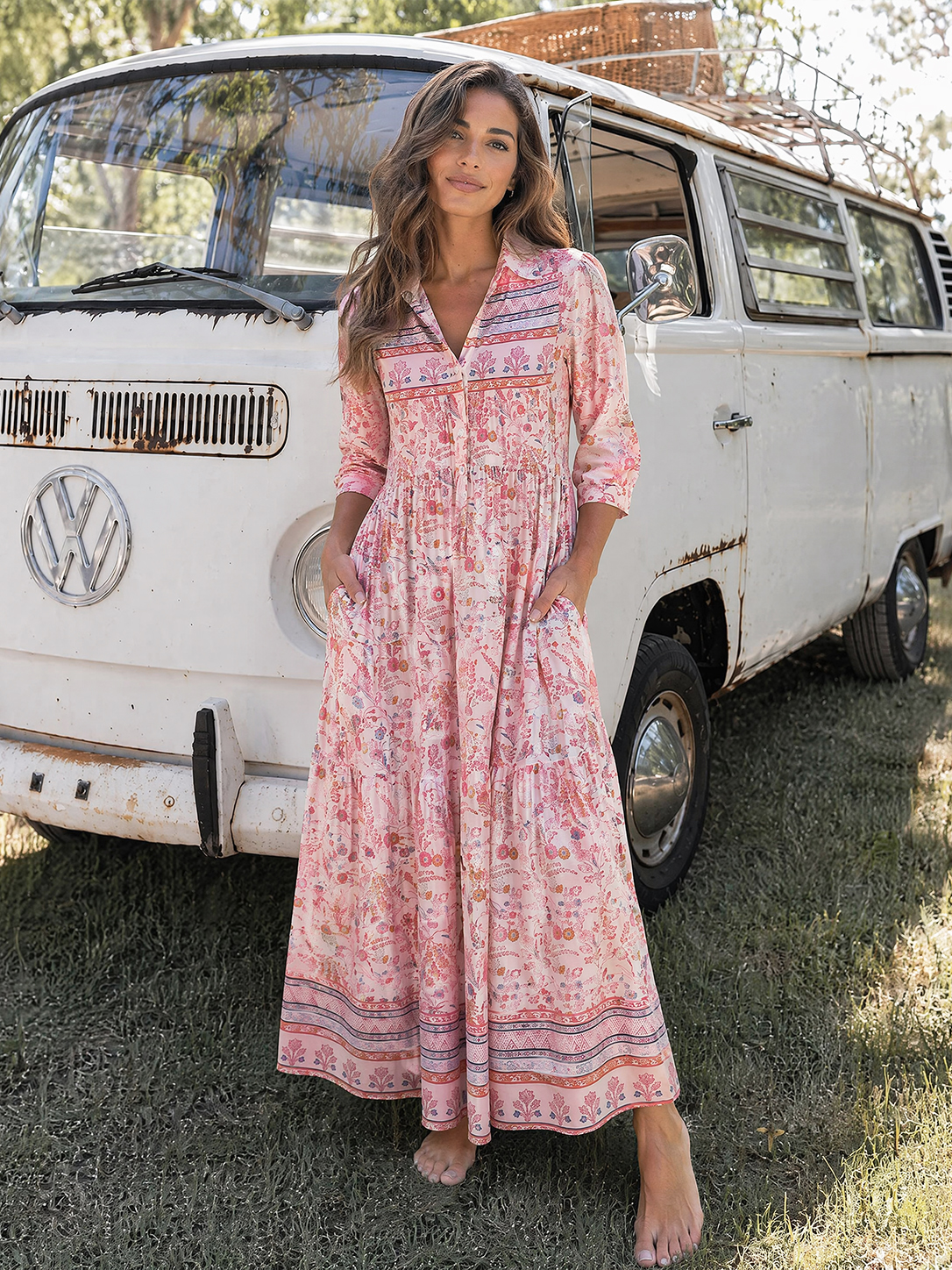 Rosewood Vintage Garden Elbow-Length Sleeve Summer Dress With Pockets