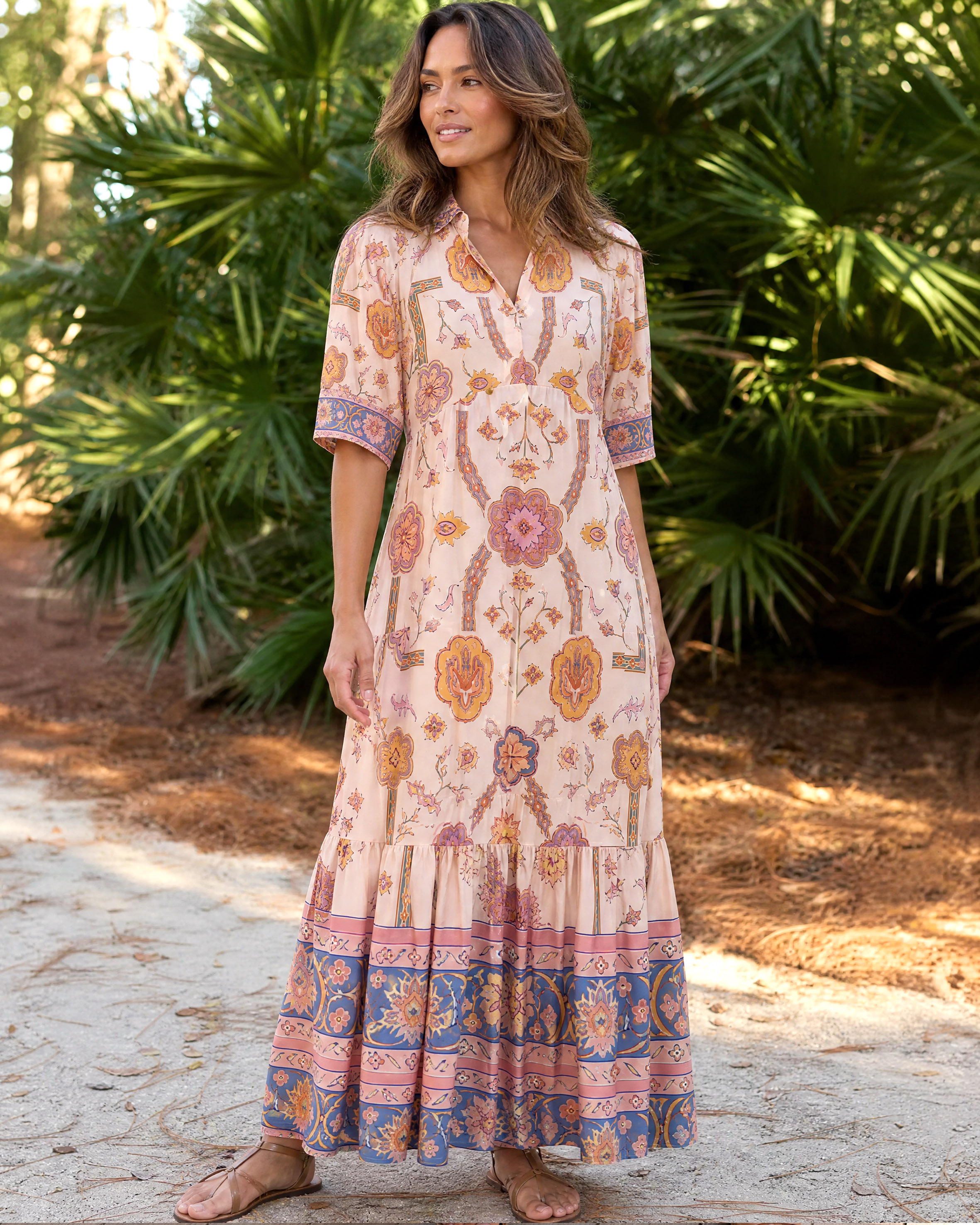 Boho Inspired Symmetrical Floral Elbow-Length Sleeve Midi Dress For Women