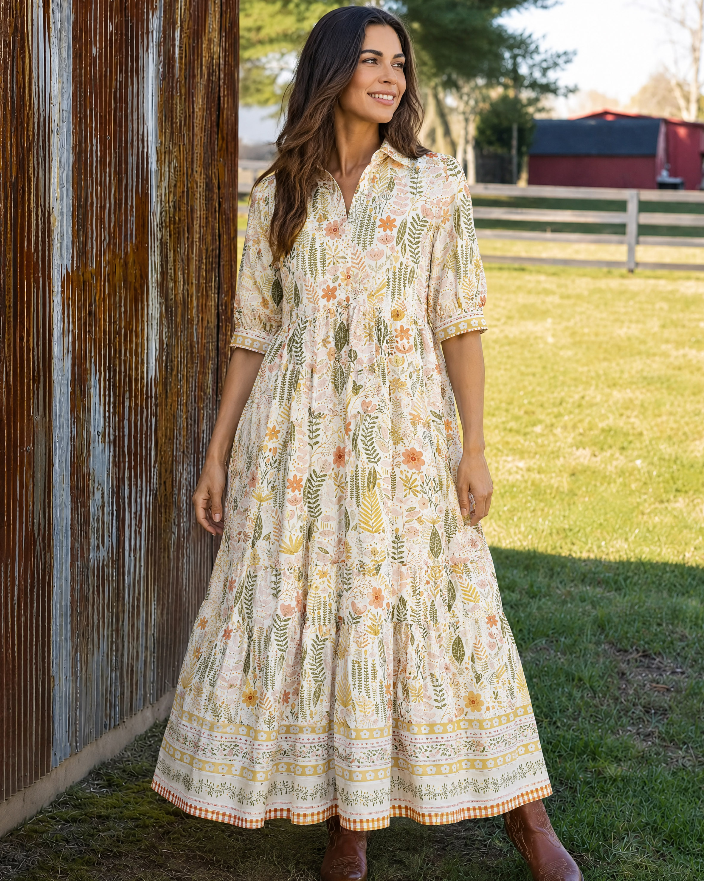 Nature Inspired Garden Elbow-Length Sleeve Midi Dress