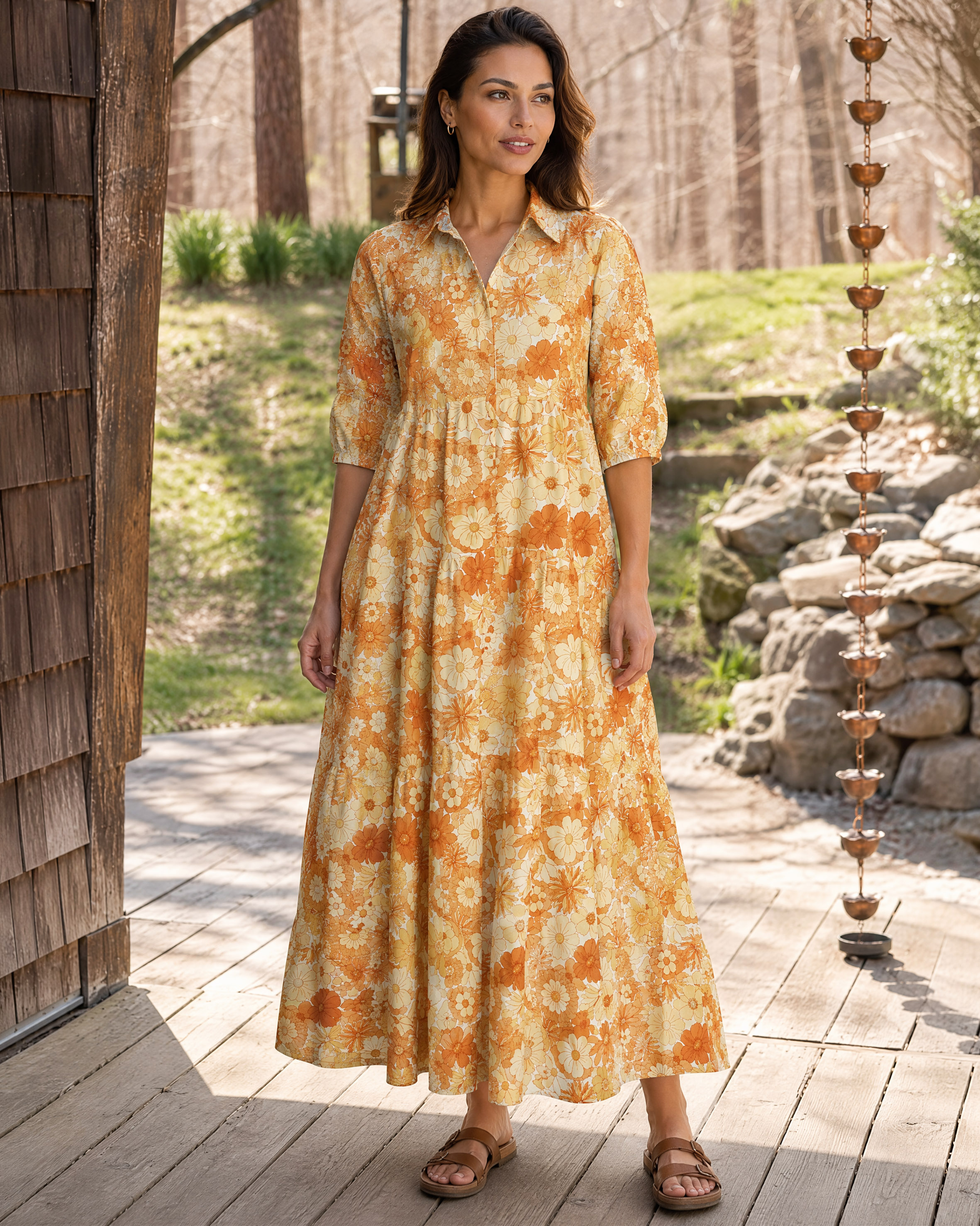 Retro Orange Floral Bloom Elbow-Length Sleeve Women Midi Dress