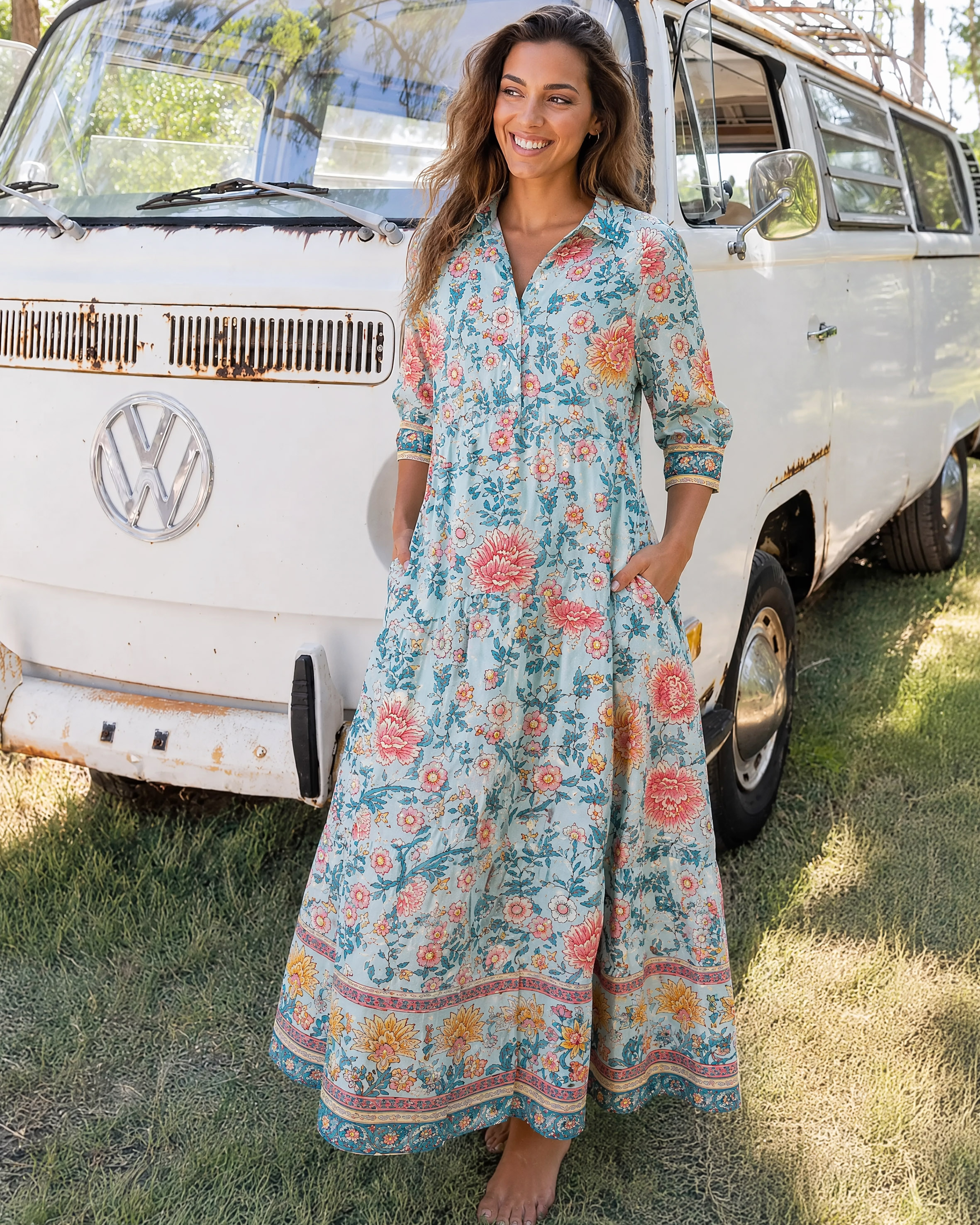 Boho Inspired Floral Border Elbow-Length Sleeve Midi Dress