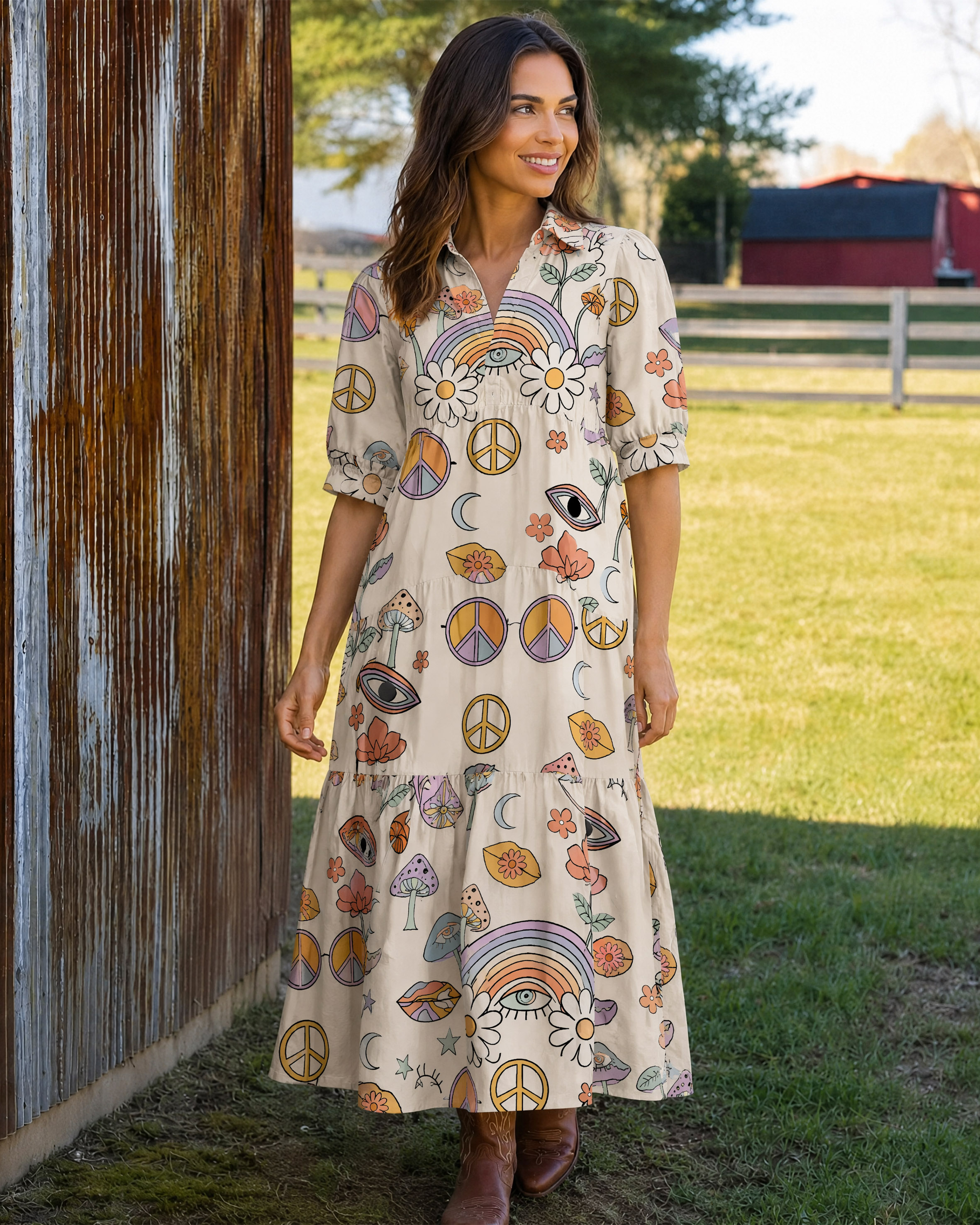 Groovy Hippie Floral Eye Elbow-Length Sleeve Summer Midi Dress