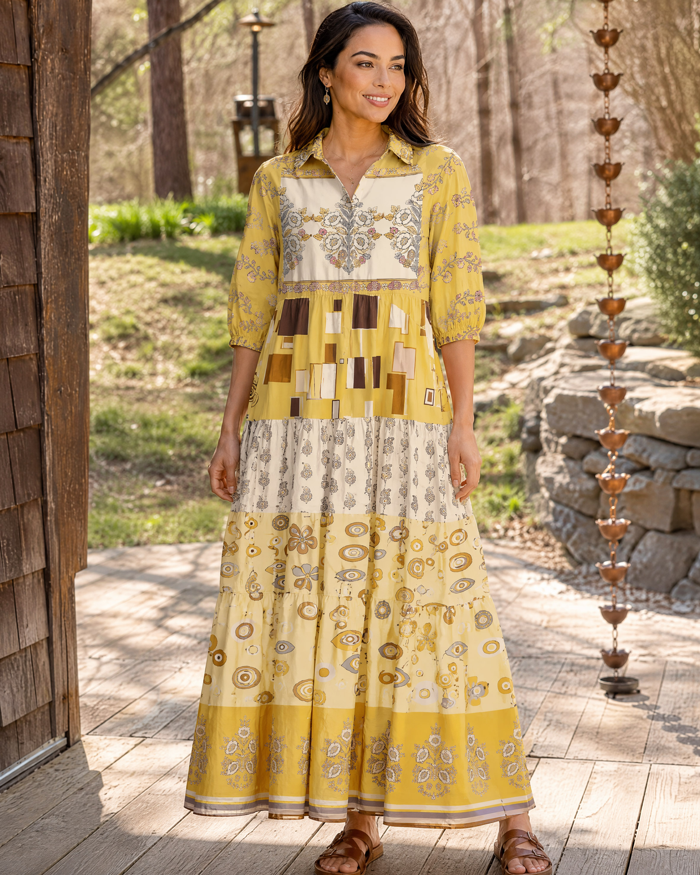 Tree of Life Eye Motif Patchwork Boho Midi Dress