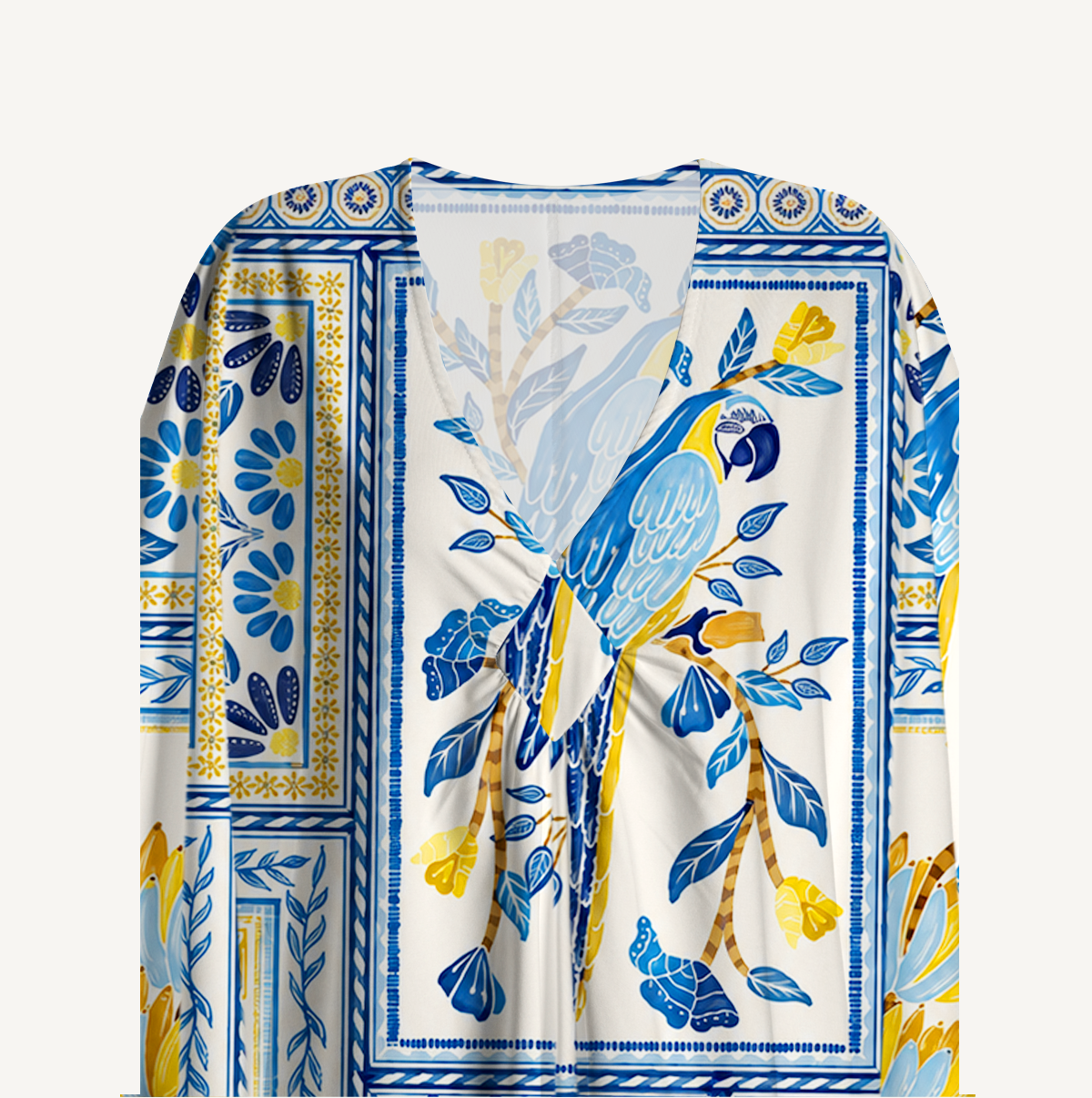 Blue Tropical Tile Kimono Sleeve Kaftan Dress