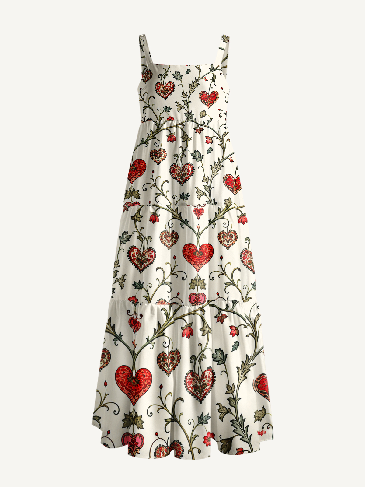 Vintage Romantic Heart Pattern Strap Maxi Dress With Pockets
