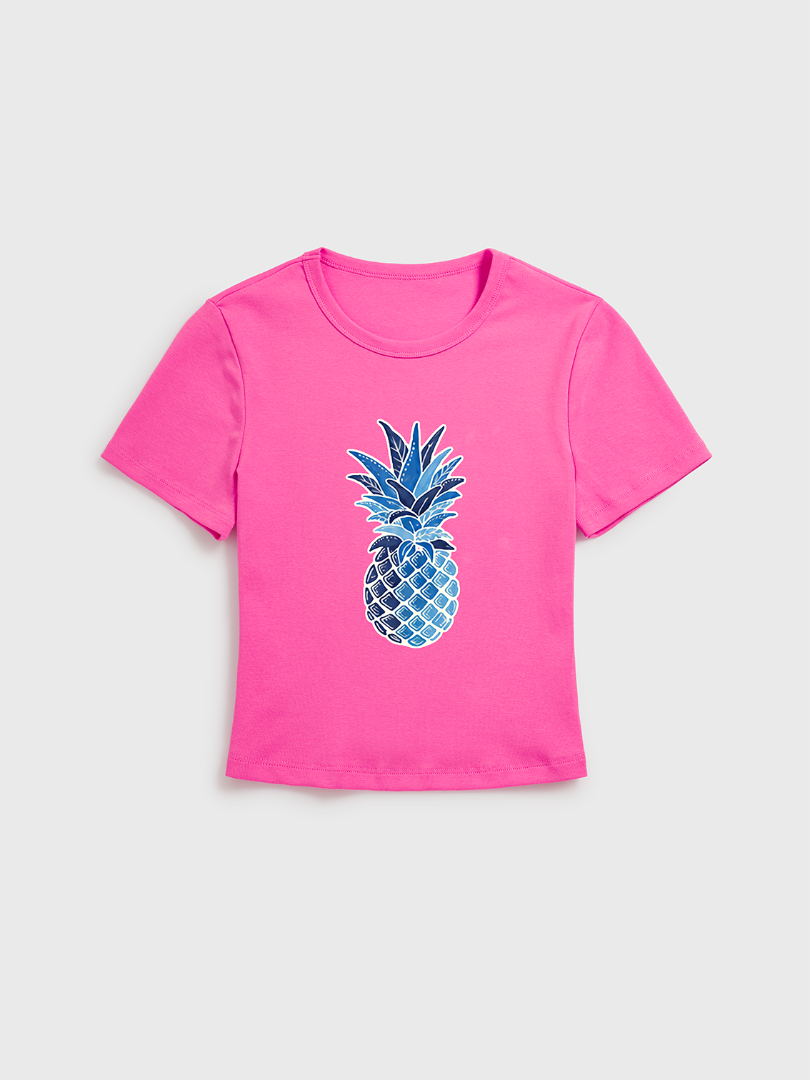 Blue Tropical Tile Print Crew Neck Cotton Tee