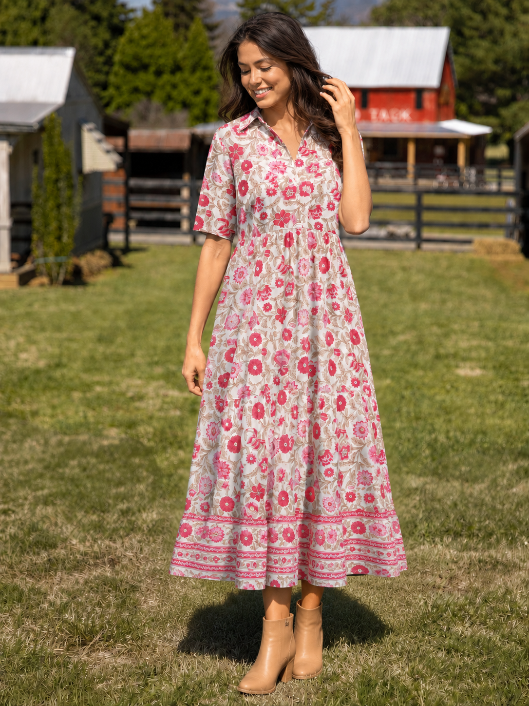 Vintage Crimson Garden Floral Elbow-Length Sleeve Midi Dress With Pockets