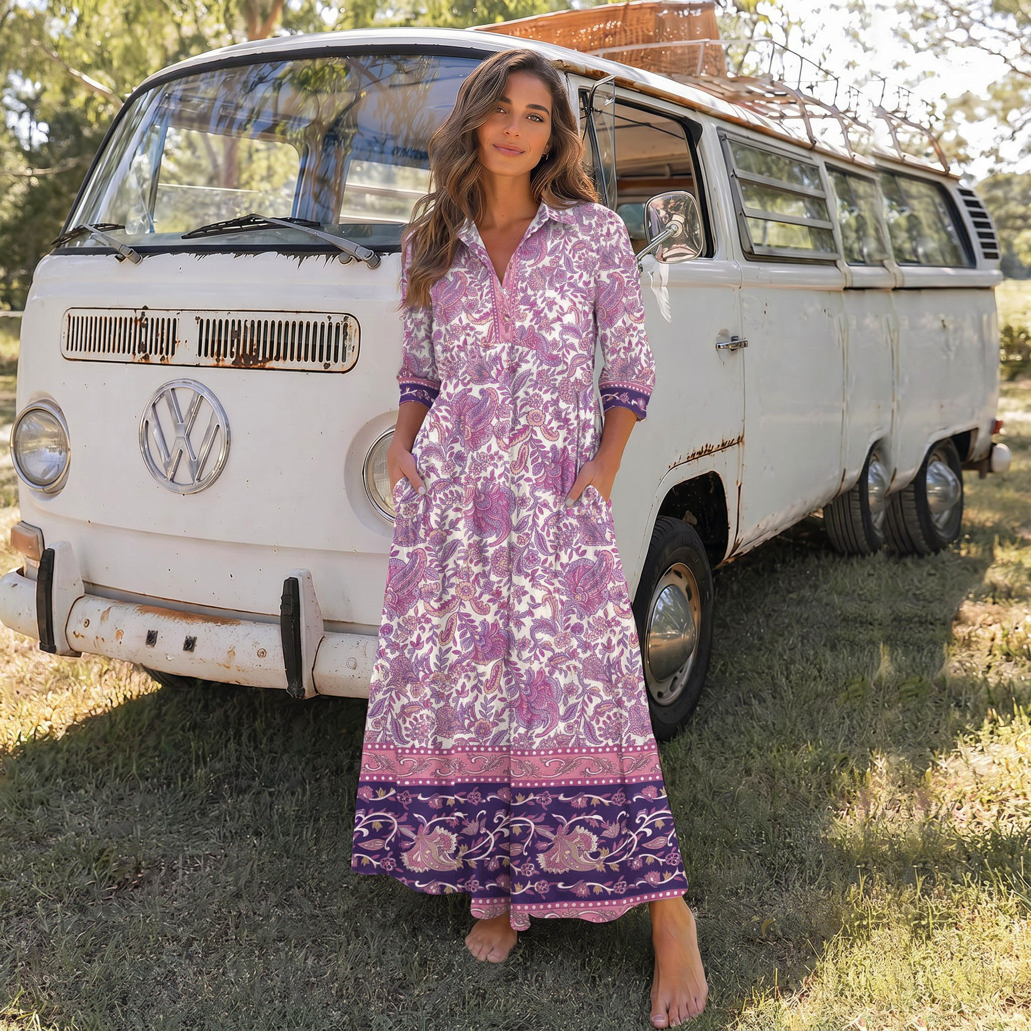Violet Paisley Garden Print Elbow-Length Sleeve Women Midi Dress With Pockets