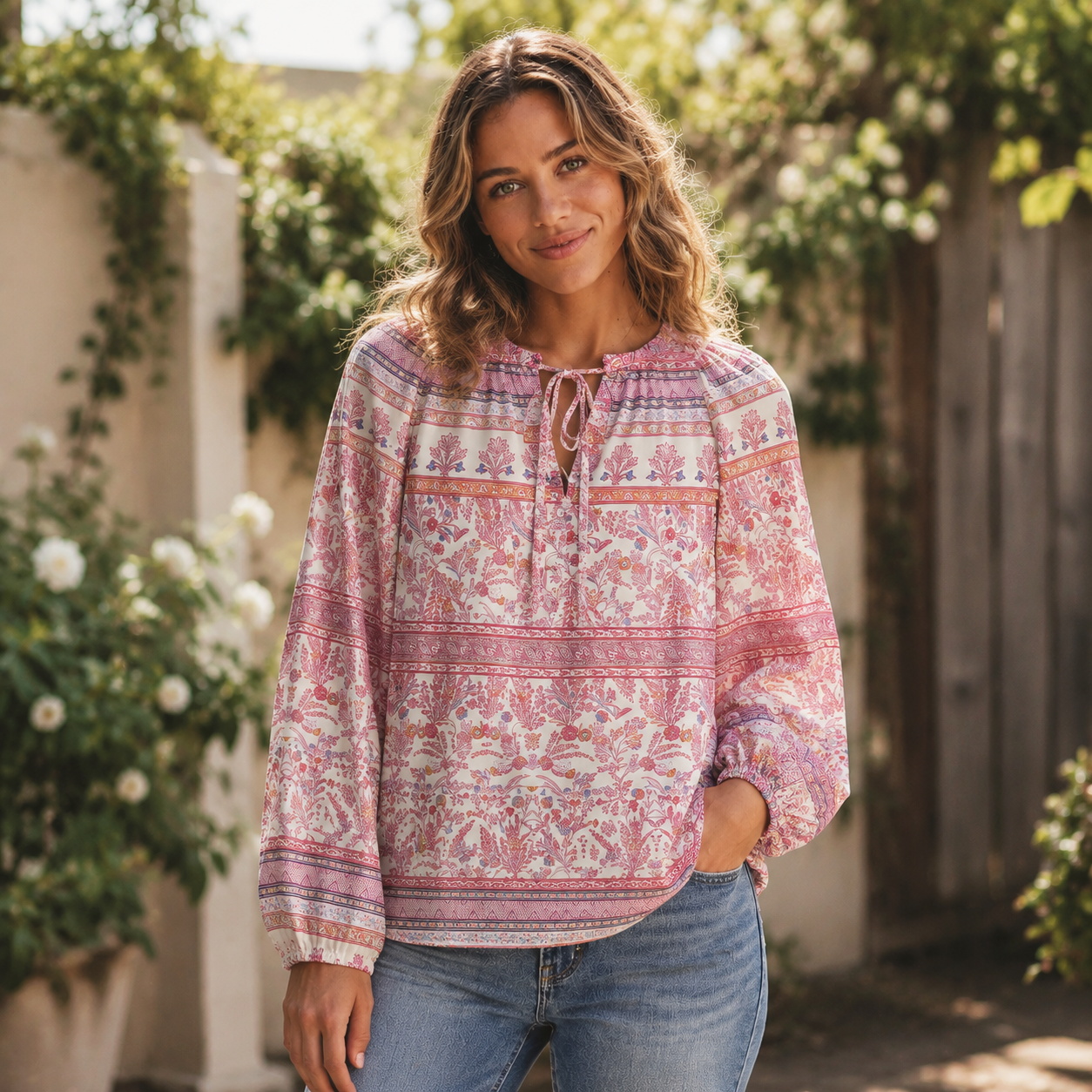 Rosewood Vintage Garden Print Boho Long Sleeve Tie‑Neck Blouse
