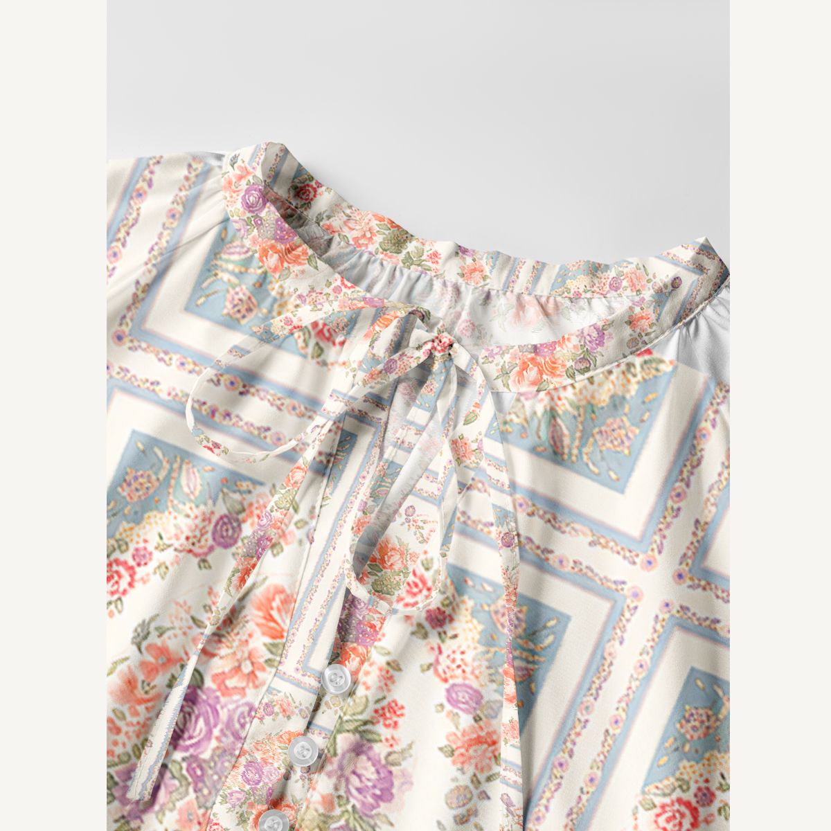 Floral Frame Tile Print Tie‑Neck Long Sleeve Mini Dress For Women