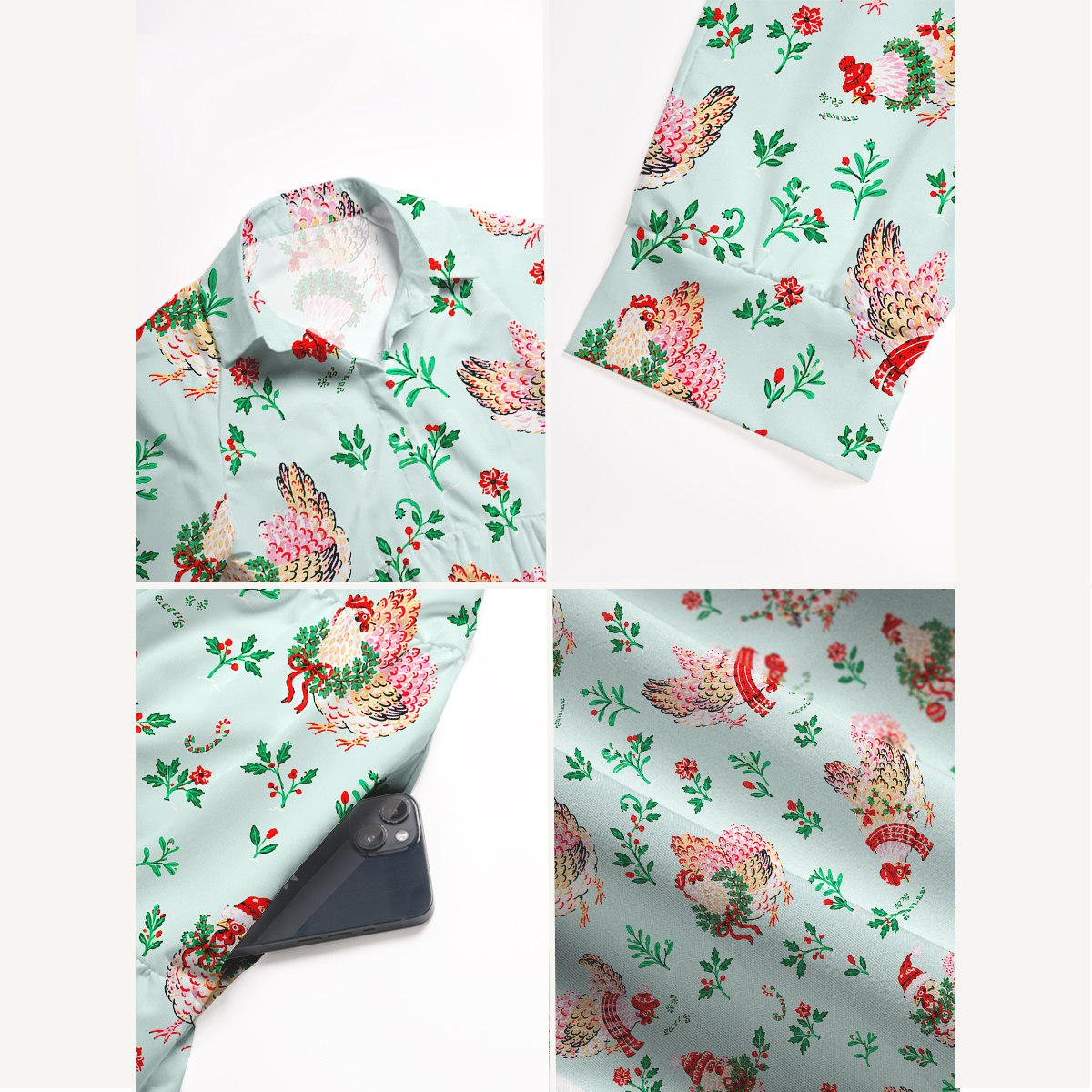 Christmas Chicken & Holly Elbow-Length Sleeve Midi Dress