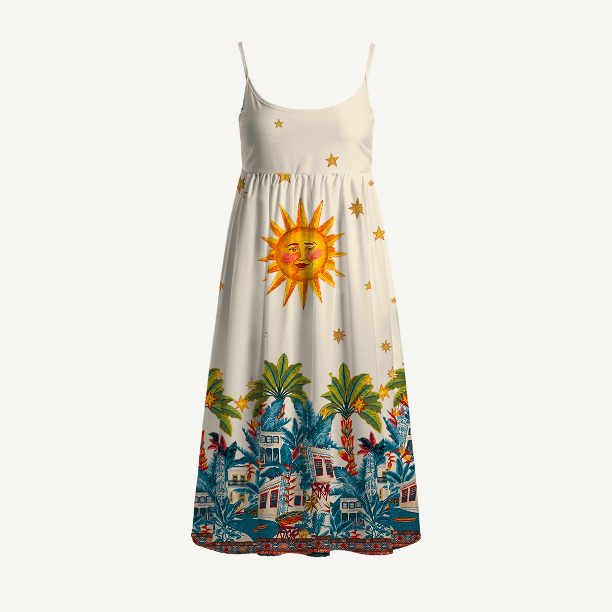 Retro Sun & Palm Spaghetti Strap Mini Dress