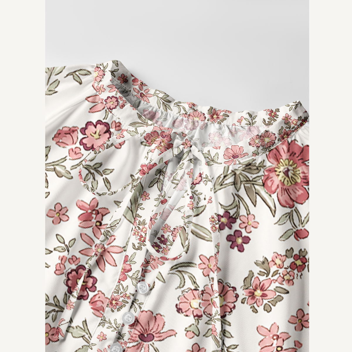 Pink Wildflower Meadow Tie‑Neck Long Sleeve Mini Dress