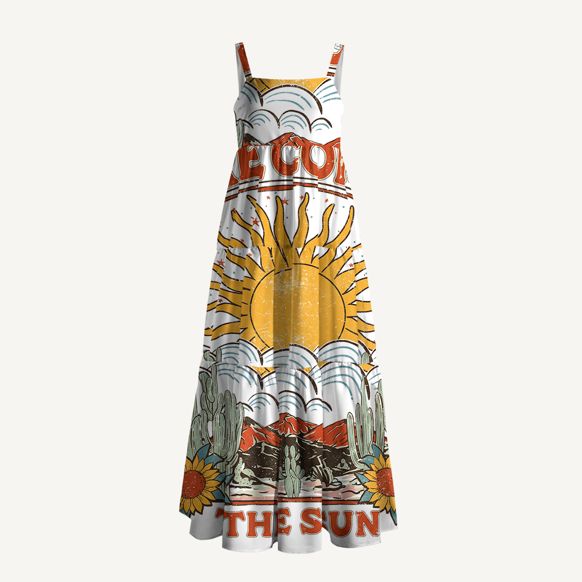 Western Sun & Cact Wide Straps Maxi Dress With Pockets