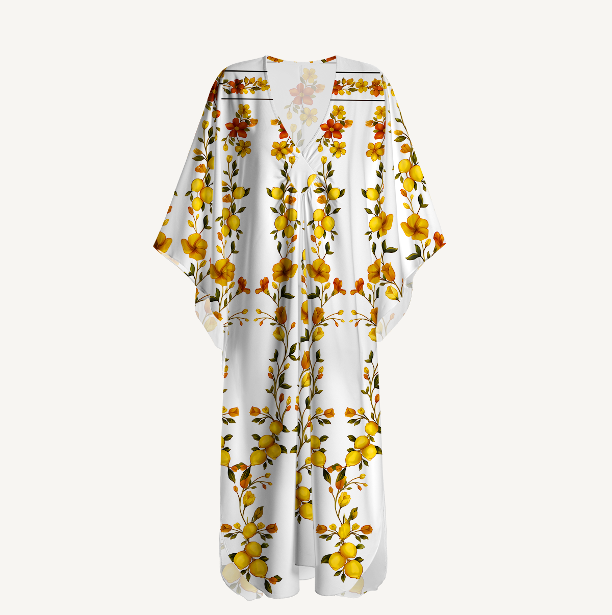 Lemon Blossom Garden Border Kimono Sleeve Kaftan Dress
