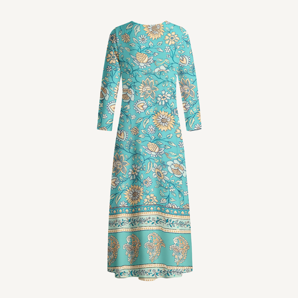Turquoise Garden Paisley Print Soft-Touch Stretch Knit Long Sleeve Maxi Dress with Pockets