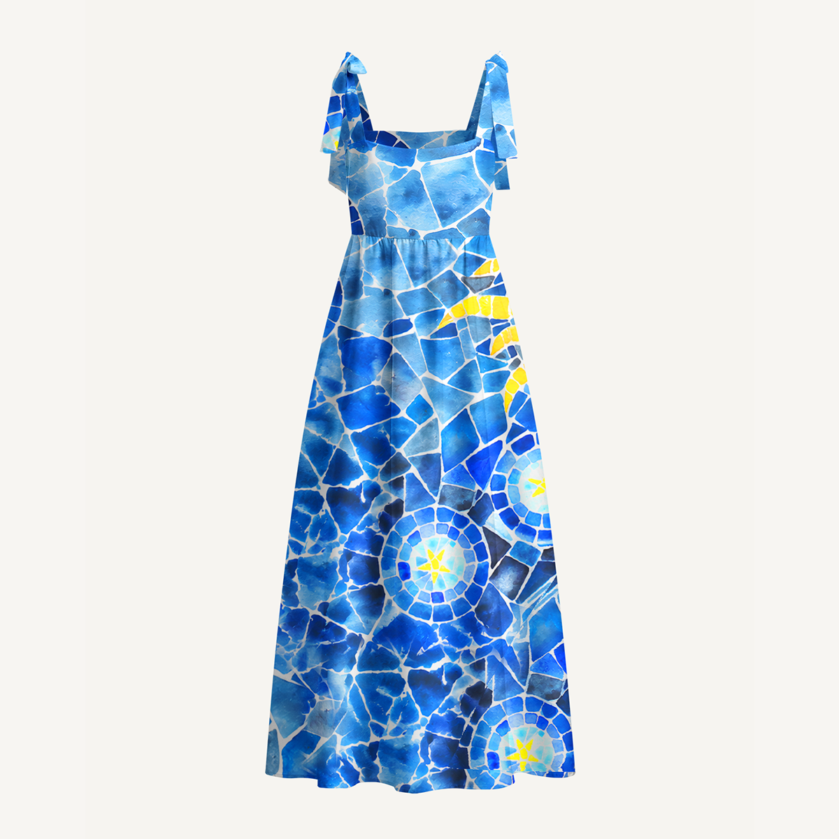 Mosaic Sun & Star Patter Bow Strap Maxi Dress