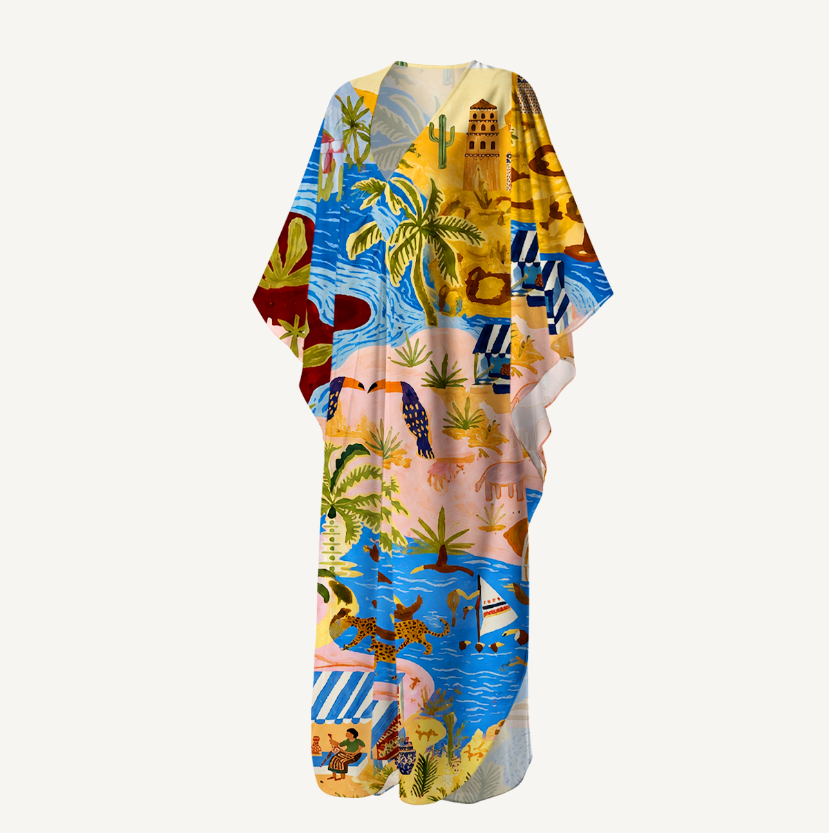 Desert Oasis Town Map Kimono Sleeve Kaftan Dress
