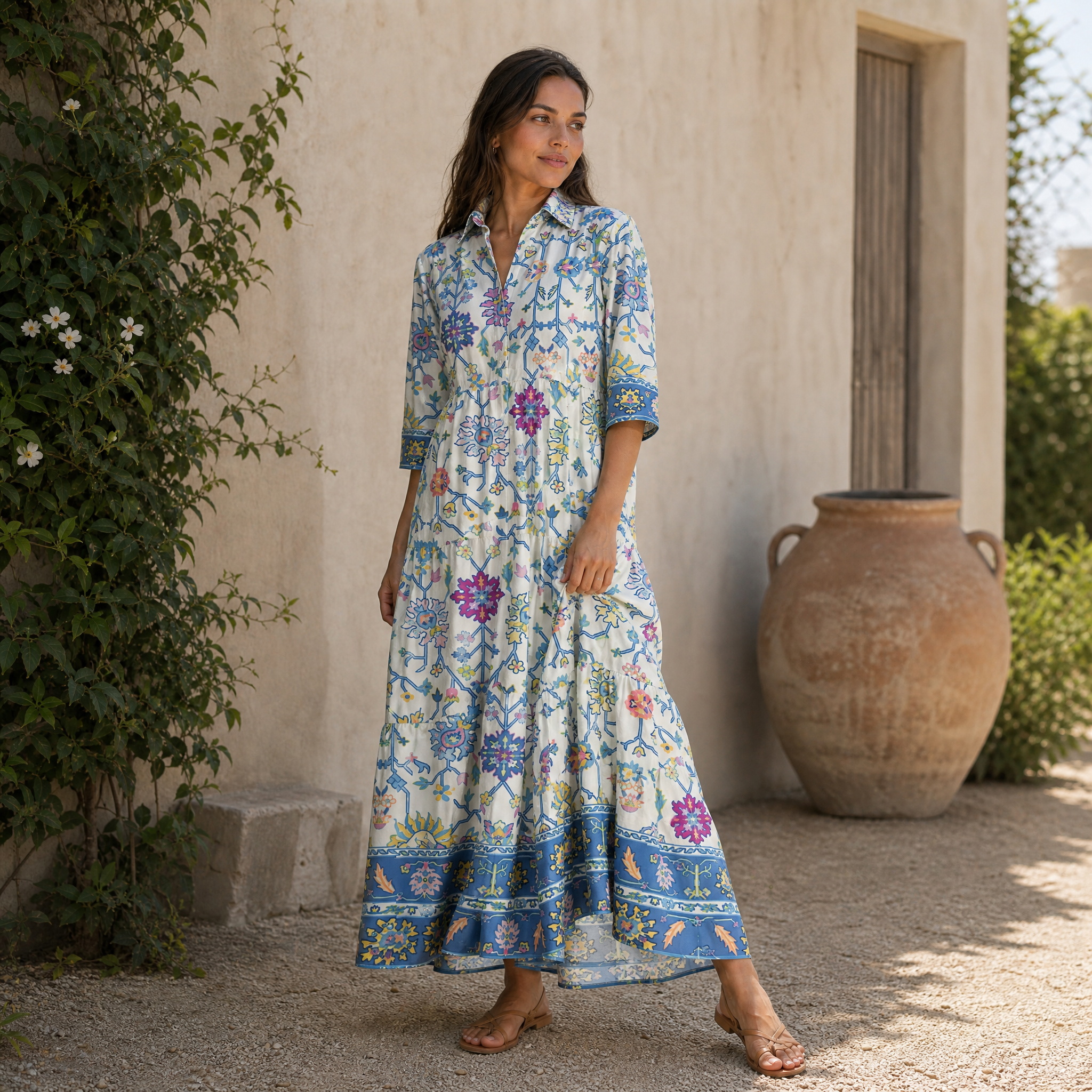 Blue Floral Lattice  Elbow-Length Sleeve Midi Dress For Women