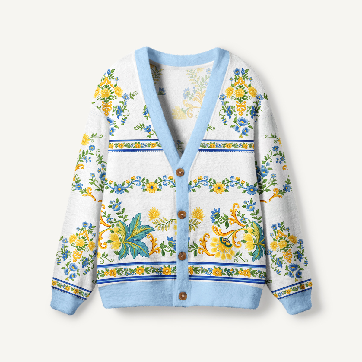 Blue & Yellow Botanical Border Women Cardigan Sweaters
