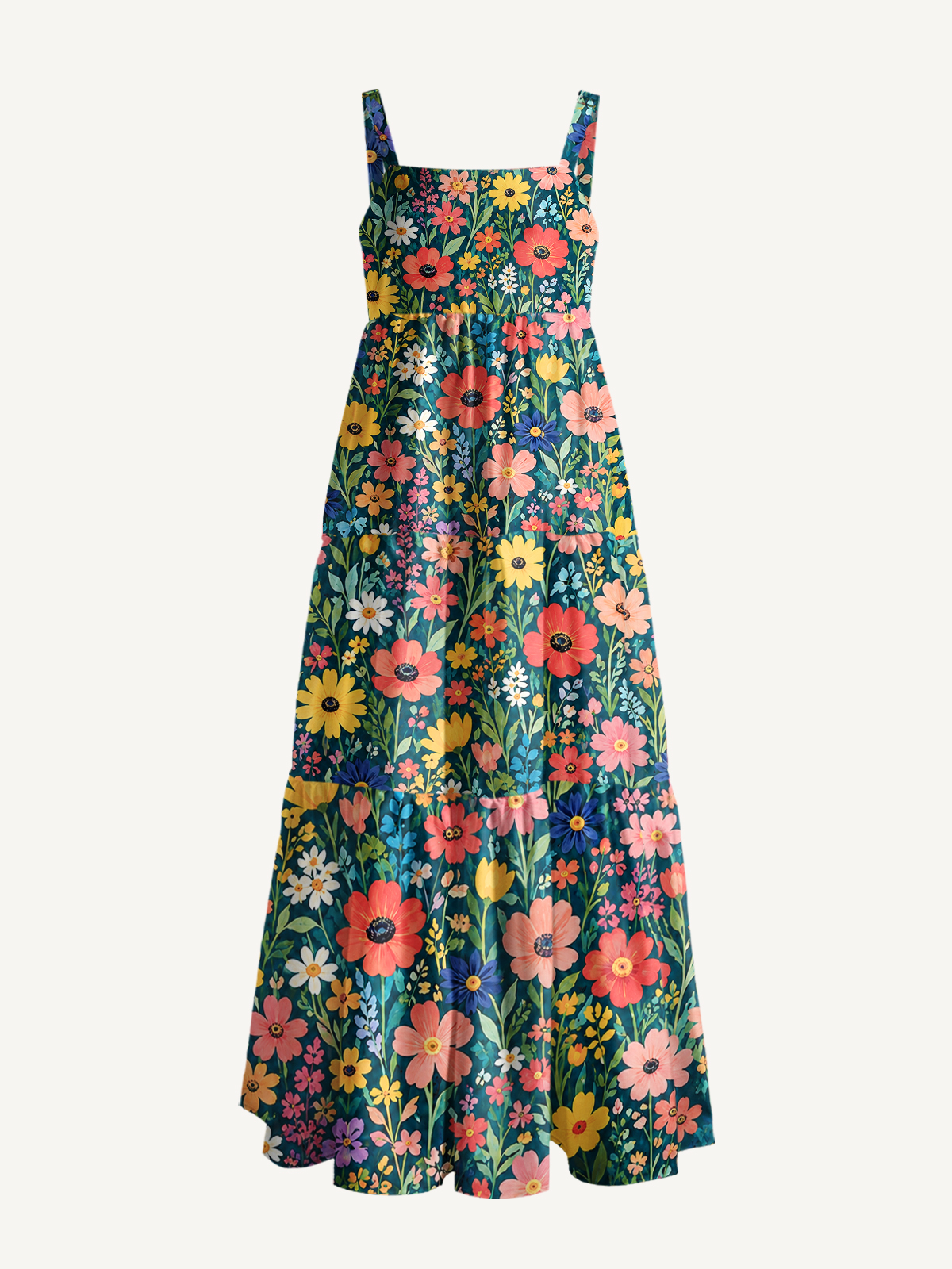 Dark Teal Wildflower Meadow Strap Maxi Dress With Pockets