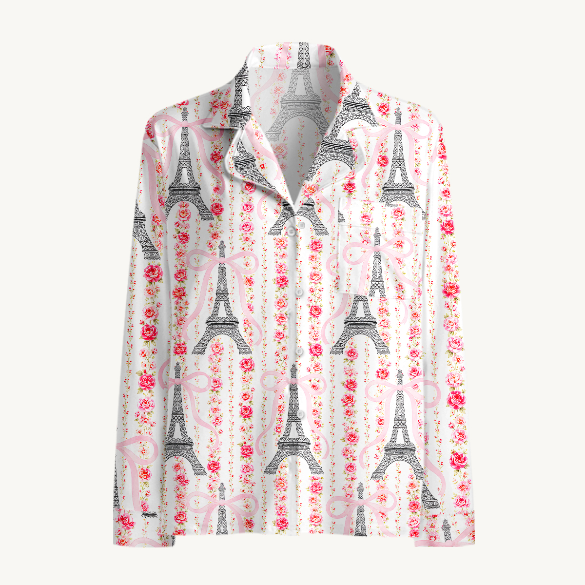 Parisian Rose & Ribbon Tower Long Sleeves Pajama Sets