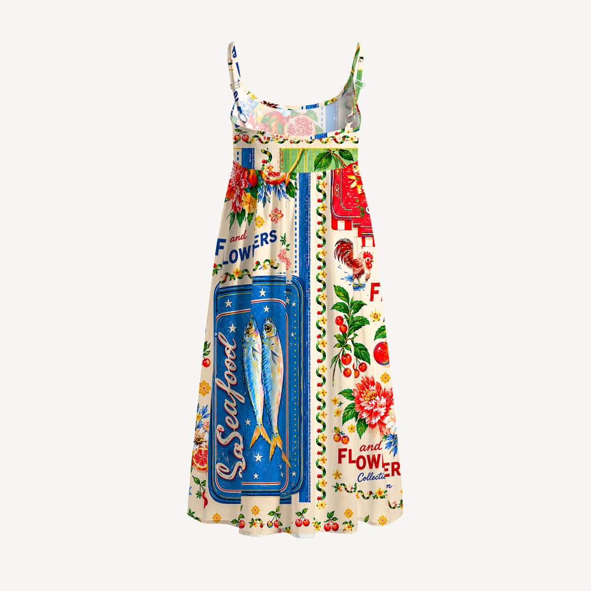 Fruits, Flowers & Fish Feast Print Spaghetti Strap Mini Dress