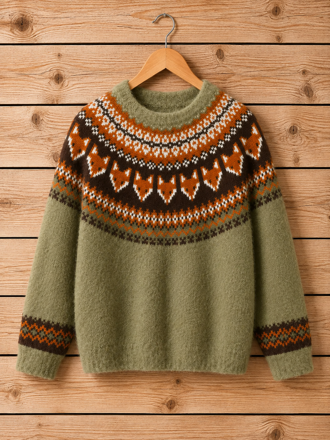 Autumn Fox Yoke Nordic-Inspired Crewneck Sweater