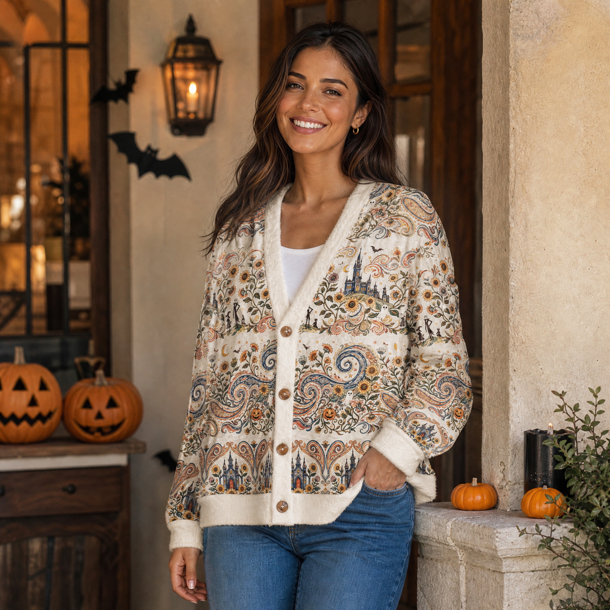 Boho Halloween Enchanted Castle Garden Pattern Buttons Women Cardigan Sweaters